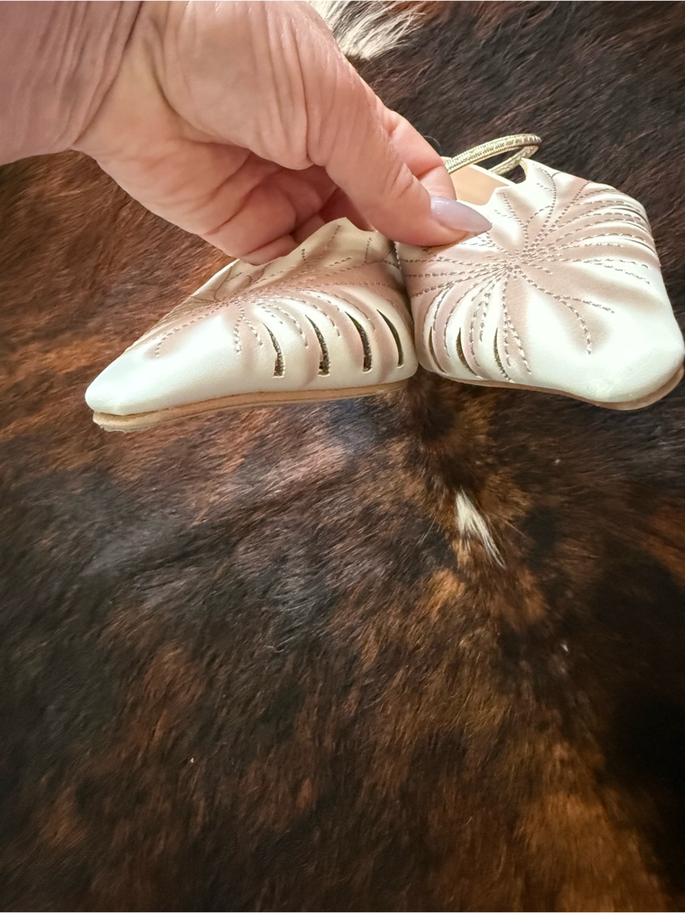 Pointed Toe Cream and Pink Floral-Embroidered Slip-On Mules with Metallic Strap - Picture 5 of 6